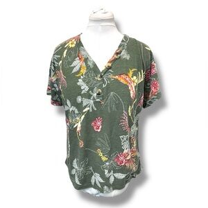 New Directions Womens Short Sleeve V Neck Tee Lightweight Relaxed Floral Green L